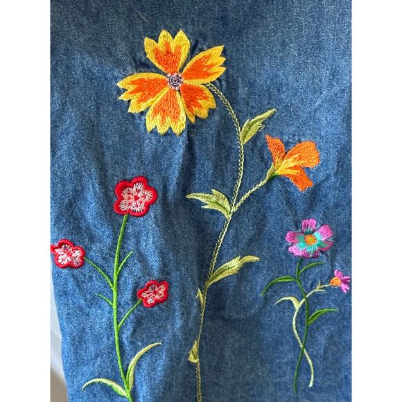 Vintage Quacker Factory Denim Jumper Dress Floral Embroidery Bee Size 12 Maxi - Picture 8 of 10